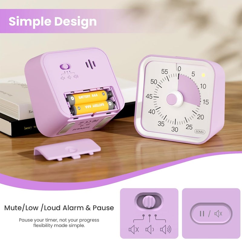 InfPokid Visual Timer with Pause Function, 60 Minute Countdown, Pomodoro Timer for Kids and Adults, Productivity Timer, Time Management for Kitchen Cooking, Study, Teaching, Office Meetings (Purple) - Image 4