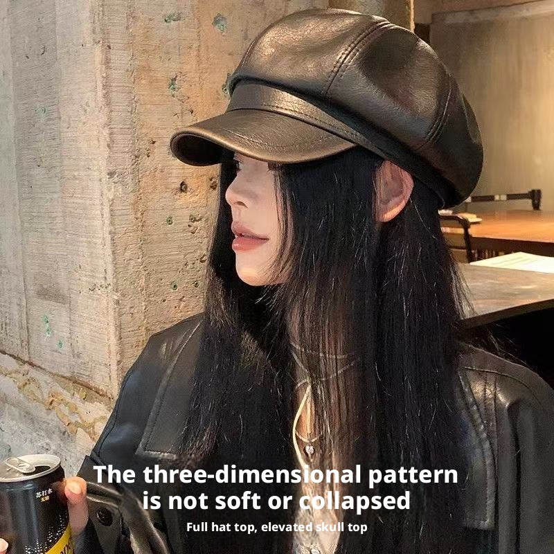 Black PU Leather Octagonal Beret Hat for Women Winter - Image 2