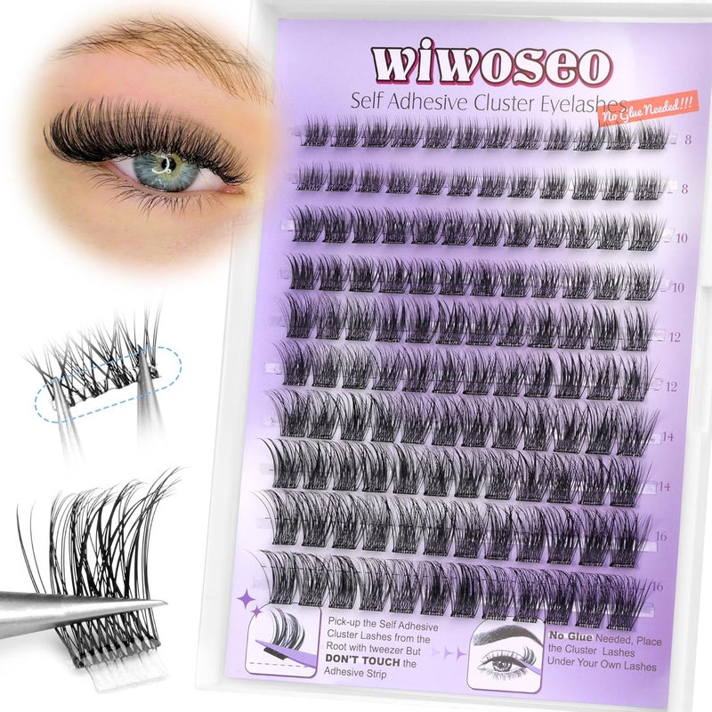 wiwoseo Self Adhesive Lashes Clear Band Lashes Clusters No Glue Needed Self Adhesive Lash Clusters Pre Glued Eyelash Clusters Press on Lashes Resuable Eyelash Extensions without Glue