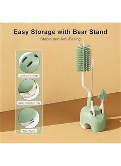 MOXO Silic Bottle Brush Set with Stand 360° Rotating Silic Bottle Cleaning Brush Cleaner Set Long Handle 3 in 1 Multipurpose Silic Baby Bottle Straw Cleaner Brush (Green).  - Image 3