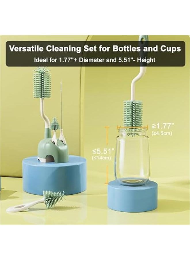 MOXO - Silic Bottle Brush Set with Stand 360° Rotating Silic Bottle Cleaning Brush Cleaner Set Long Handle 3 in 1 Multipurpose Silic Baby Bottle Straw Cleaner Brush (Green). - Image 1