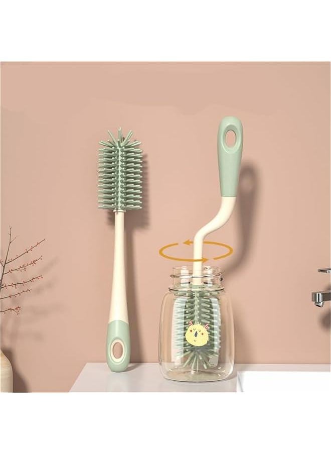 MOXO - Silic Bottle Brush Set with Stand 360° Rotating Silic Bottle Cleaning Brush Cleaner Set Long Handle 3 in 1 Multipurpose Silic Baby Bottle Straw Cleaner Brush (Green). - Image 1