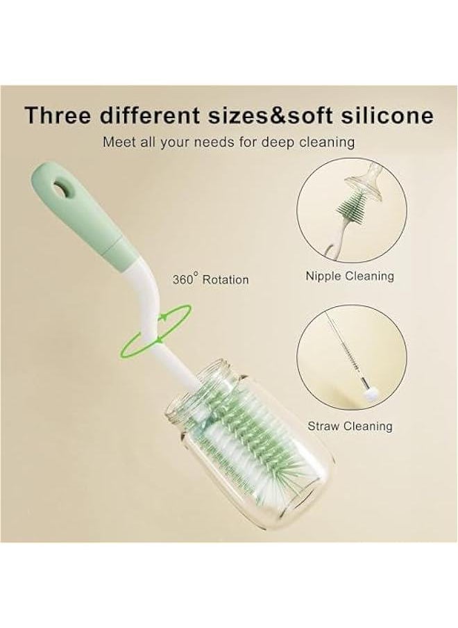 MOXO - Silic Bottle Brush Set with Stand 360° Rotating Silic Bottle Cleaning Brush Cleaner Set Long Handle 3 in 1 Multipurpose Silic Baby Bottle Straw Cleaner Brush (Green). - Image 1