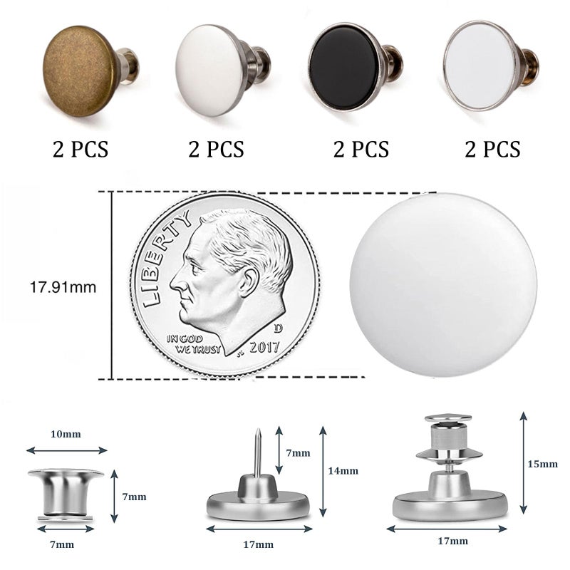 ZENGLU 8 Sets of 17 mm Pants Button, Jean Buttons Pins for Loose Jeans, Adjustable Button for Jeans, Reusable and Adjustable Metal Pants Button Tightener - Image 2