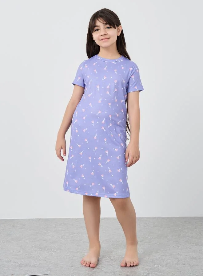 ستايلي Styli Floral Print Round Neck Sleep Dress