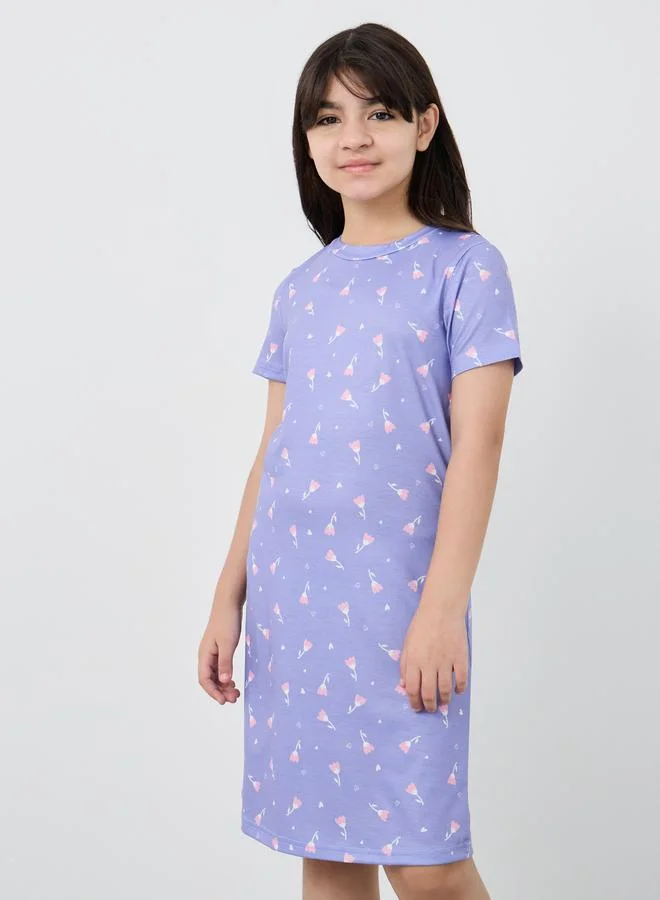 ستايلي Styli Floral Print Round Neck Sleep Dress