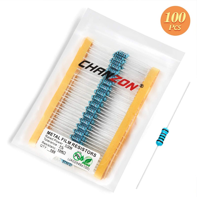 CHANZON 100 قطعة 1/2 واط (0.5 واط) 10K Ω أوم مقاومة ثابتة من الفيلم المعدني 0.01 ±1% تحمل 10KR MF مقاومات ثقب المرور معتمدة من روهس - Image 4