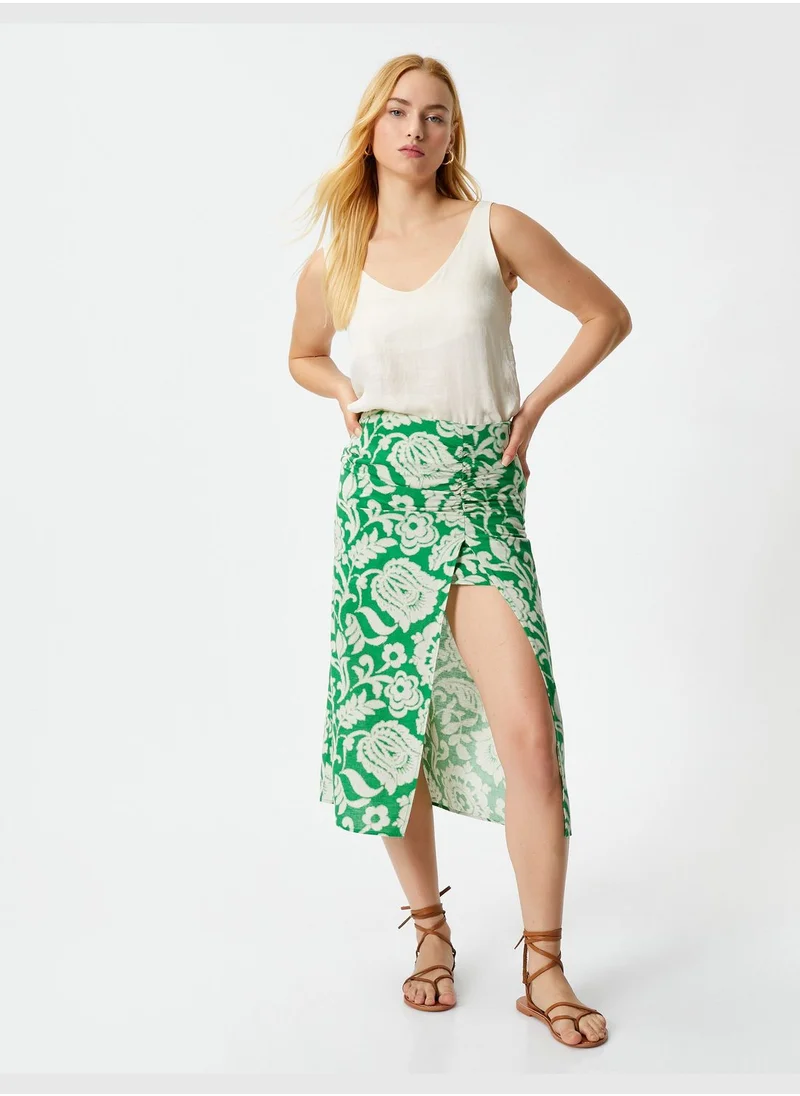 KOTON Cotton Medium Rise Shirred Floral Slit Skirt