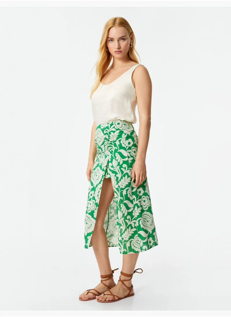 KOTON Cotton Medium Rise Shirred Floral Slit Skirt