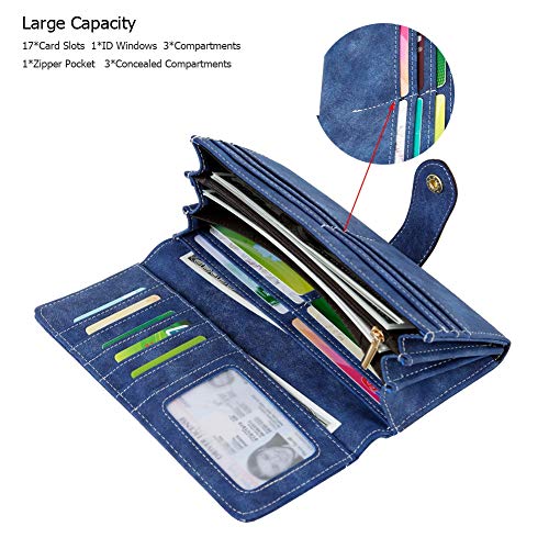 Cynure Women's Vegan Leather 17 Card Slots Card Holder Long Big Bifold Wallet,Navy - Image 2