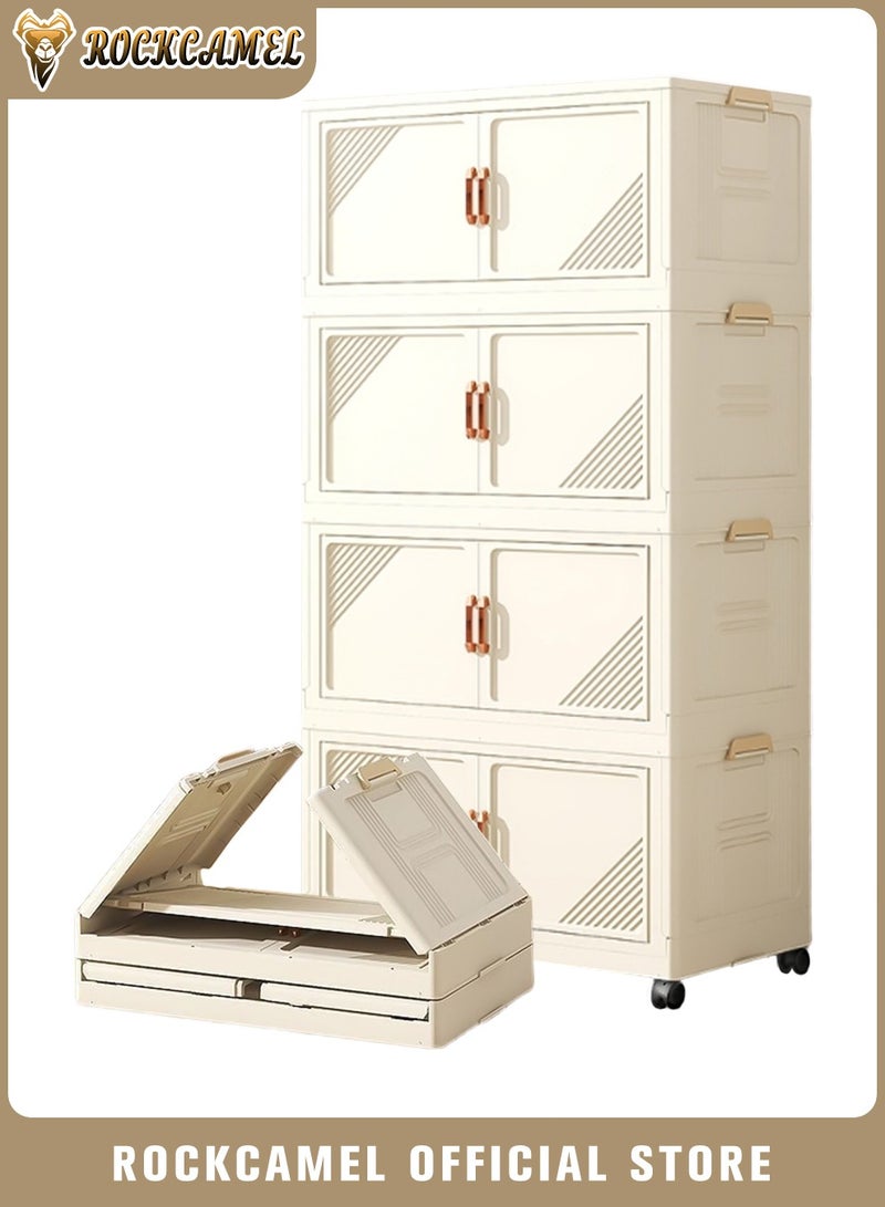 ROCKCAMEL Storage Cabinet with Magnetic Doors, 4 Layer Stackable Plastic Storage Bins with Wheels, Folding Multifunctional Cabinet, Toy Storage Box, Snacks Locker, Bookcase (White, 55x31x123cm)  - Image 1