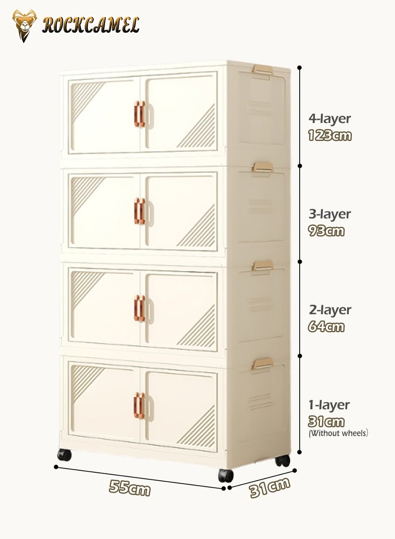 ROCKCAMEL Storage Cabinet with Magnetic Doors, 4 Layer Stackable Plastic Storage Bins with Wheels, Folding Multifunctional Cabinet, Toy Storage Box, Snacks Locker, Bookcase (White, 55x31x123cm)  - Image 5