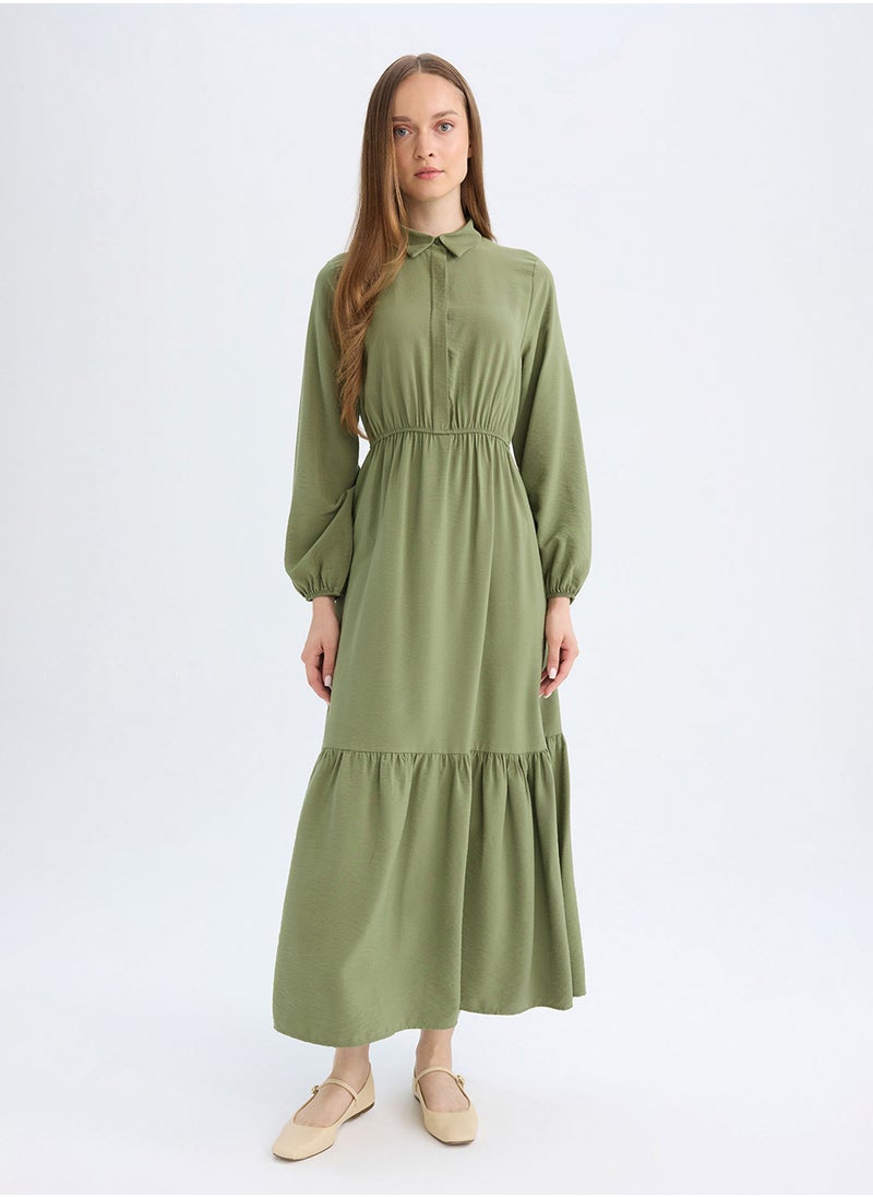 DeFacto - Shirt Collar Basic Buttoned Waist-Tied Maxi Dress With Long Sleeves - Image 1
