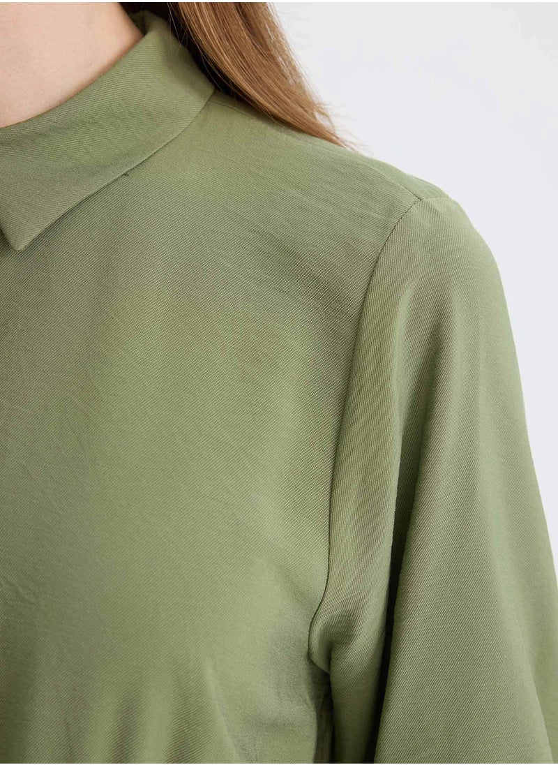 DeFacto - Shirt Collar Basic Buttoned Waist-Tied Maxi Dress With Long Sleeves - Image 1