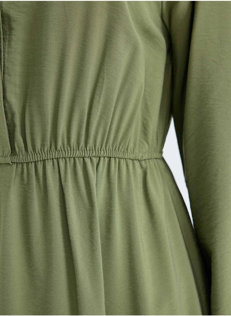 DeFacto Shirt Collar Basic Buttoned Waist-Tied Maxi Dress With Long Sleeves