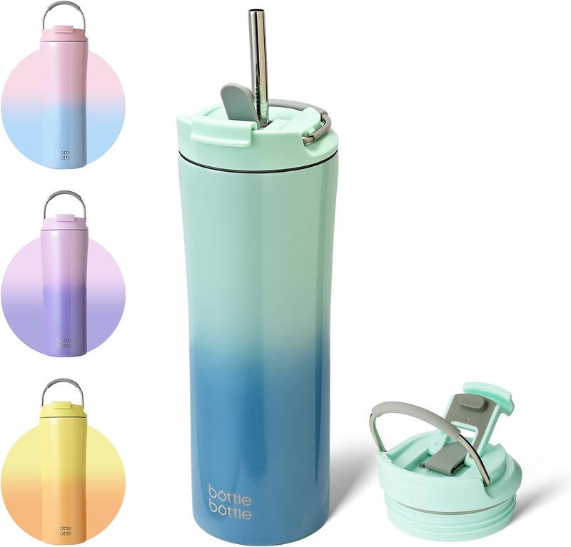 bottle bottle بوتل بوتل كوب قهوة معزول مع غطاء مزدوج الاستخدام وقشة، كوب سفر مزدوج الجدران للمشروبات الباردة للنساء والرجال 18oz، كوب من الفولاذ المقاوم للصدأ مع مقبض (أخضر أزرق) - Image 1