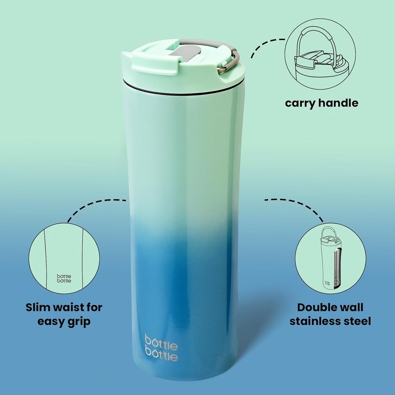 bottle bottle بوتل بوتل كوب قهوة معزول مع غطاء مزدوج الاستخدام وقشة، كوب سفر مزدوج الجدران للمشروبات الباردة للنساء والرجال 18oz، كوب من الفولاذ المقاوم للصدأ مع مقبض (أخضر أزرق) - Image 4