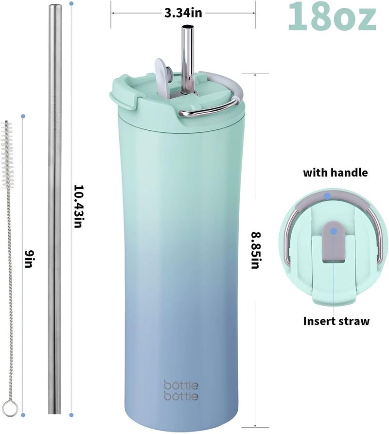 bottle bottle بوتل بوتل كوب قهوة معزول مع غطاء مزدوج الاستخدام وقشة، كوب سفر مزدوج الجدران للمشروبات الباردة للنساء والرجال 18oz، كوب من الفولاذ المقاوم للصدأ مع مقبض (أخضر أزرق) - Image 2