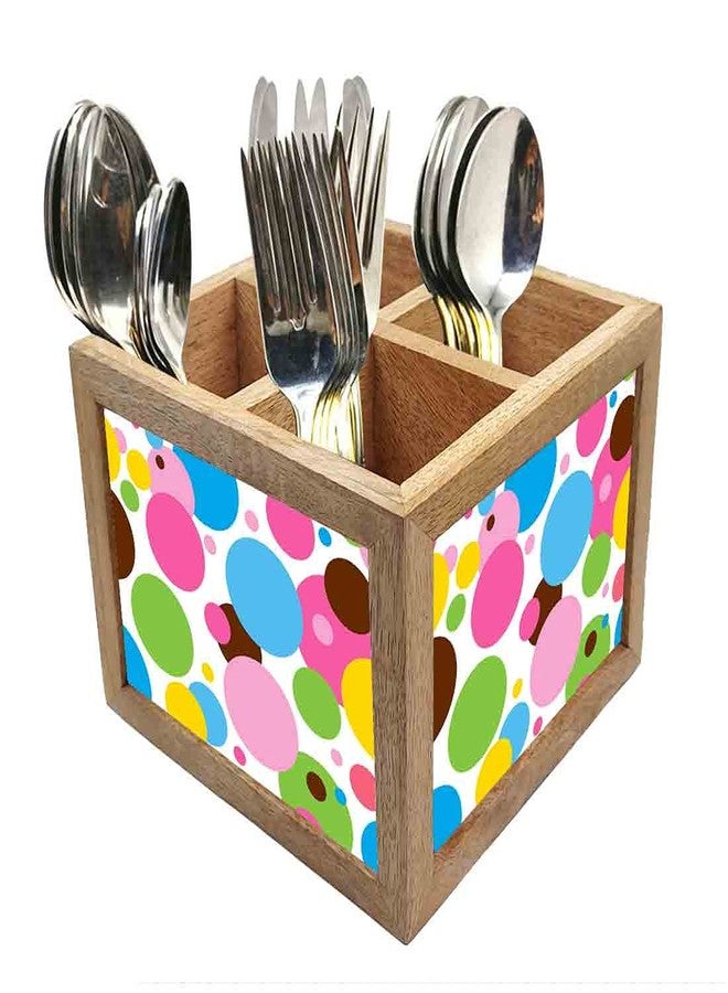 Nutcase Wooden Cutlery Stand Holder Silverware Caddy Spoons Forks Knives Organizer for Dining Table & Kitchen -Made in India-Spoons NOT Included - Colorful Polka Dots - Image 1