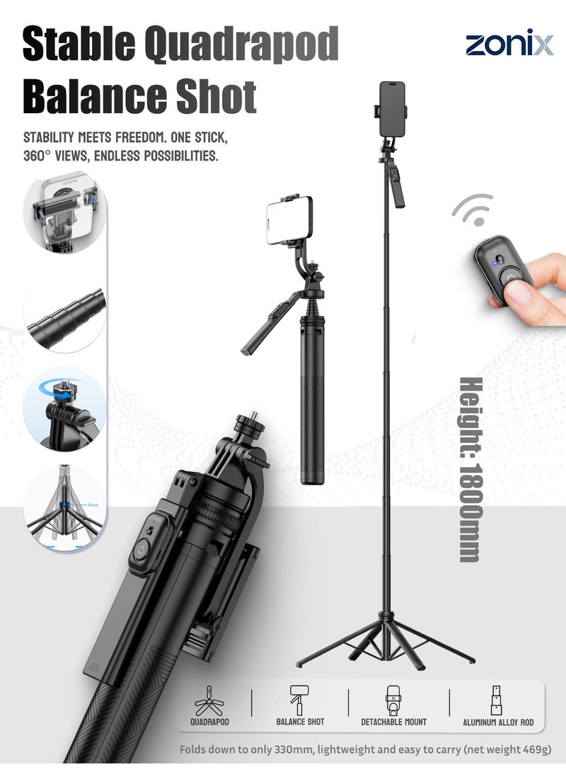 ZONIX Lightweight Quadpod Selfie Stick – Only 469g, Extendable to 1800mm, Detachable & Portable, 360° Rotation, with Wireless Remote for Phone/Camera - Image 1