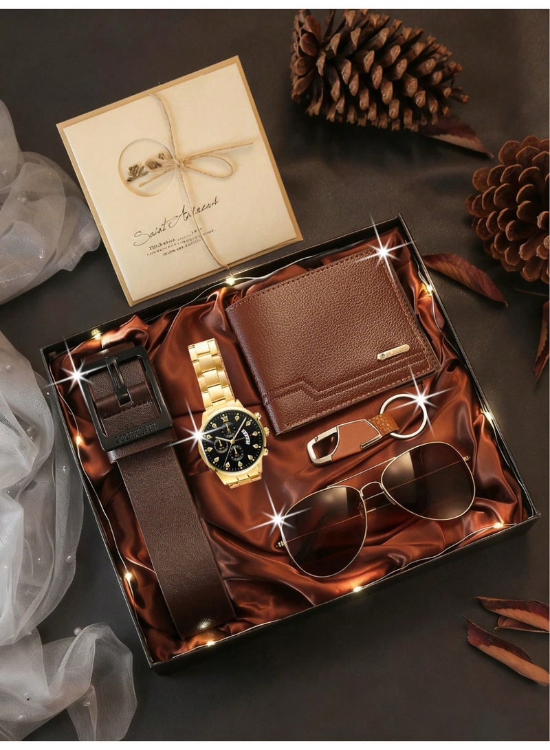Quality and versatile men's gold watch set, paired with a belt, sunglasses, wallet and keychain, gift box packaging, perfect for giving him the perfect holiday birthday gift