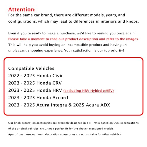 Polodunn for 2022-2026 Honda Civic, 2023-2026 CRV/HRV/Acura Integra, 2023-2025 Accord & 2025 ADX Accessories - 6pcs Aluminum Alloy Knob Cover Trim Set FIts Push Start, AC & Hazard Light (Black) - Image 2