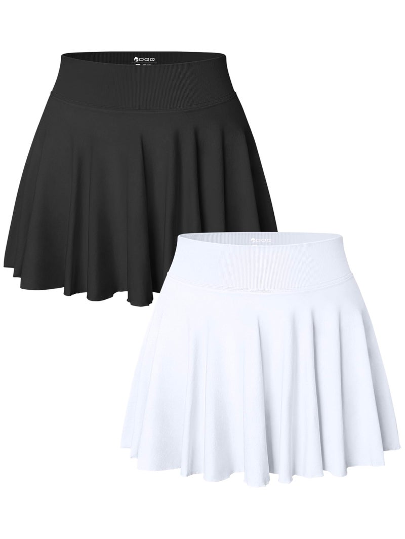 OQQ Women 2 Piece Skirts 2 in 1 Flowy Basic Versatile Stretchy Flared Casual Mini Skirts Blakc White - Image 1