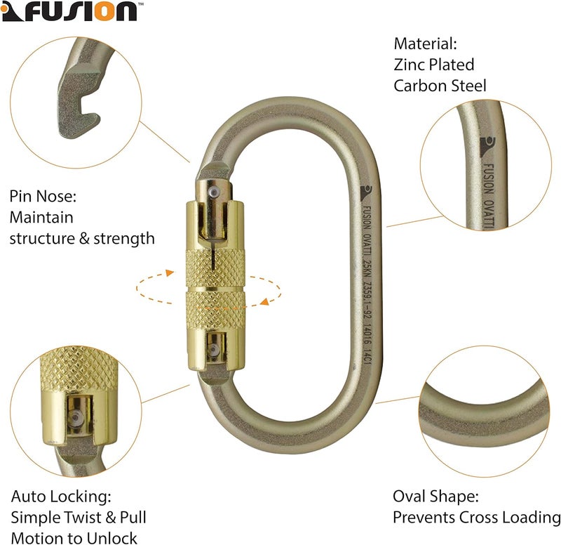 FUSION Climb Ovatti Military Tactical Edition Steel Auto Lock Oval Symmetrical Anchor Carabiner Gold, One Size (FP-9108-P-GLD) - Image 2