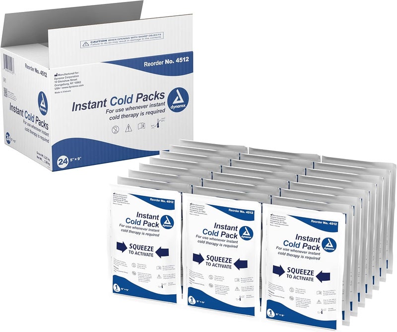 Dynarex Disposable Ice Packs for Injuries Instant Cold Packs for First Aid Swelling Sprains Abrasions Single Use Cold Pack Cold Compress Packs for Joint Muscle Pain 24Pack 5x9Inch - Image 1