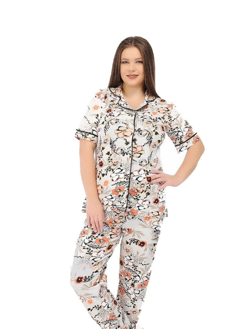 Ganna Women's short-sleeved pyjamas with buttons and summer long pants made of cotton large sizes 