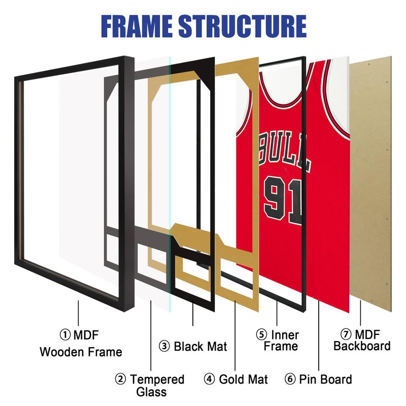 CCDCC Jersey Frame Display Case 1 Pack, Large Wooden Sport Jersey Shadow Box Frame with Mats and Real Tempered Glass Cover for Football Hockey Baseball Basketball Soccer Shirt,Black - Image 3