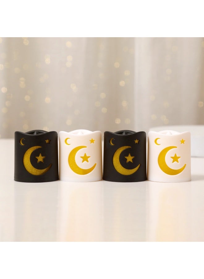 طقم من 4 شموع LED مزخرفة بتصميم نجمة وهلال، بلاستيكية تعمل بالبطارية، أبيض وأسود لديكور رمضان والعيد - Image 2