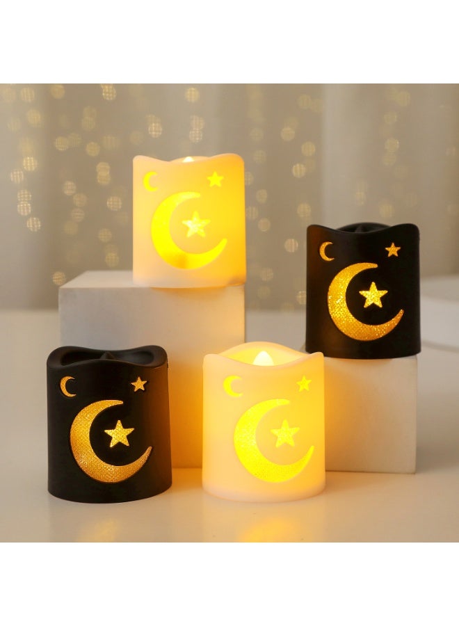 طقم من 4 شموع LED مزخرفة بتصميم نجمة وهلال، بلاستيكية تعمل بالبطارية، أبيض وأسود لديكور رمضان والعيد - Image 1