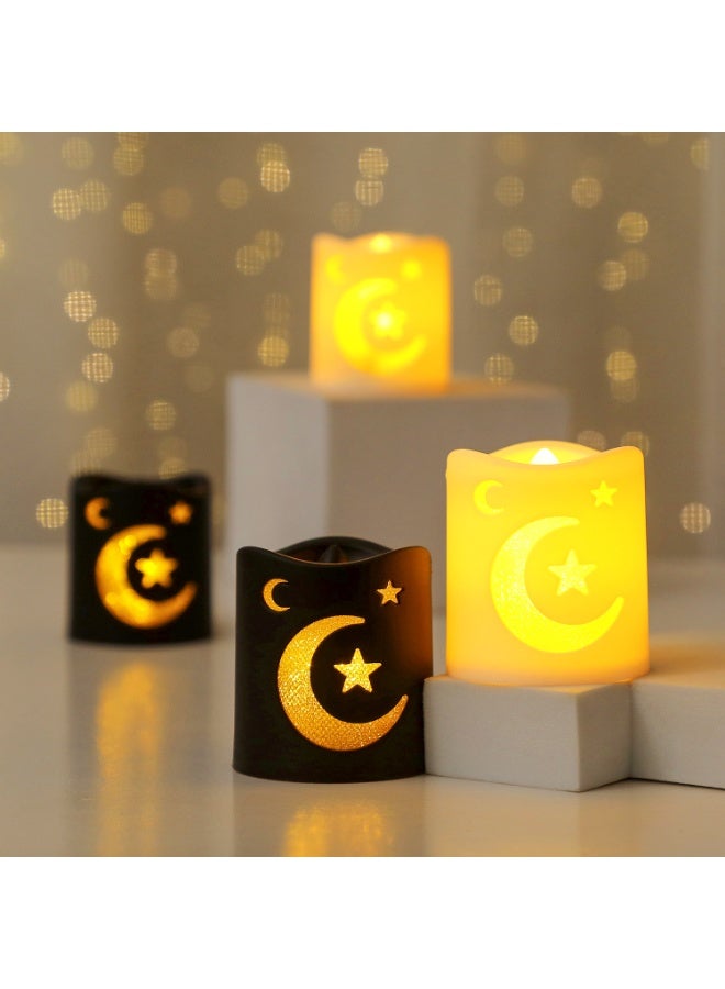 طقم من 4 شموع LED مزخرفة بتصميم نجمة وهلال، بلاستيكية تعمل بالبطارية، أبيض وأسود لديكور رمضان والعيد - Image 5