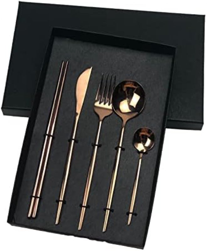 Silverware Set 10/20/30Piece Portuguese Cutlery Flat Handle Stainless Steel Knives, Forks, Spoons and Chopsticks(Rose Gold,4 Set) - Image 1