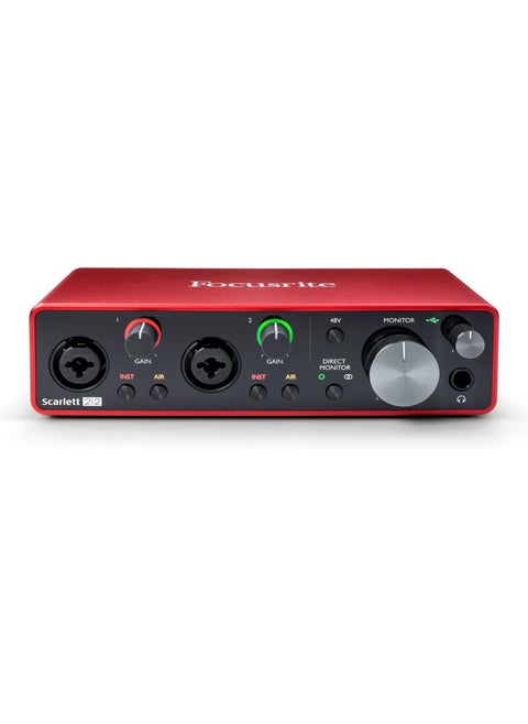 واجهة صوتية USB من Focusrite Scarlett 2I2 من الجيل الثالث للتسجيل وكتابة الأغاني والبث الصوتي والبودكاست - تسجيل عالي الدقة بجودة الاستوديو، مع جميع البرامج التي تحتاجها للتسجيل
