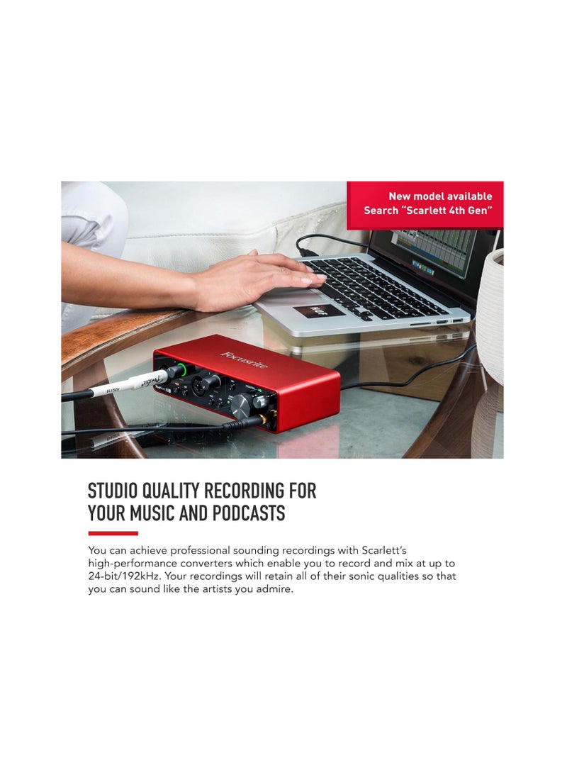واجهة صوتية USB من Focusrite Scarlett 2I2 من الجيل الثالث للتسجيل وكتابة الأغاني والبث الصوتي والبودكاست - تسجيل عالي الدقة بجودة الاستوديو، مع جميع البرامج التي تحتاجها للتسجيل