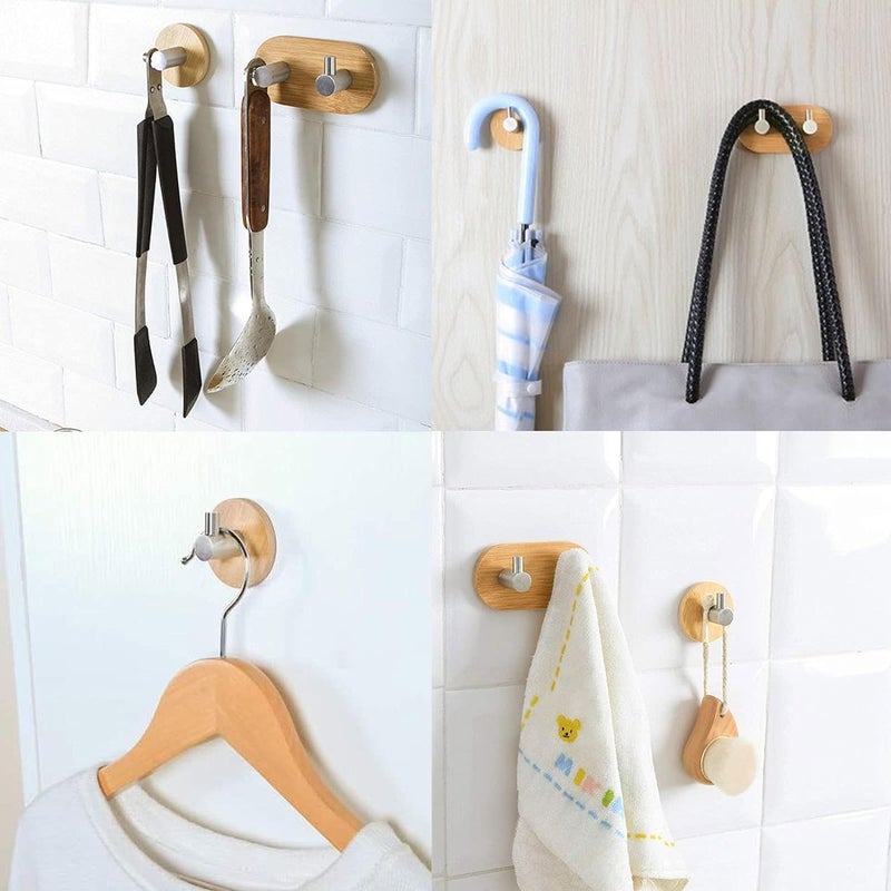Kolorful Wall Coat Hooks Wooden Bamboo BaseHeavy Duty Wall Hooks Waterproof Stainless Steel Hooks Self Adhesive Hooks Kitchen HangerKeysBagTowel MultiFunctionalWall Hanger F Hooks Wood - Image 5