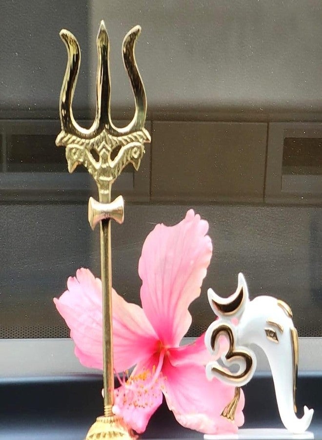 VR CREATIVES Brass Trishul, Trident Damru With Stand Brass Statue For Car Dashboard/Temple, Puja Ghar, 10 Cm - Image 2