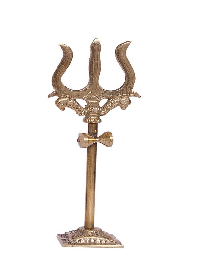 VR CREATIVES Brass Trishul, Trident Damru With Stand Brass Statue For Car Dashboard/Temple, Puja Ghar, 10 Cm - Image 1