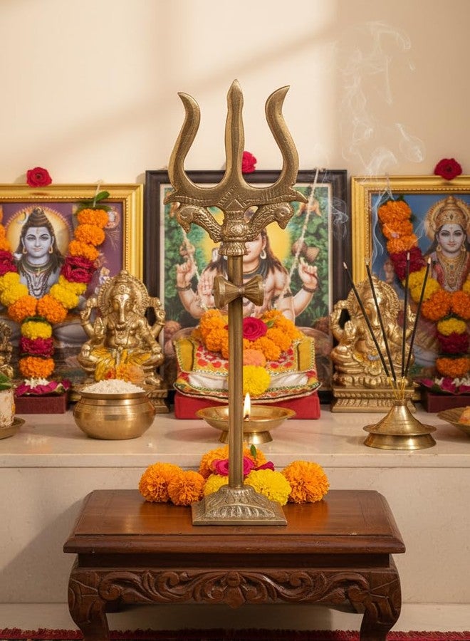 VR CREATIVES Brass Trishul, Trident Damru With Stand Brass Statue For Car Dashboard/Temple, Puja Ghar, 10 Cm - Image 4