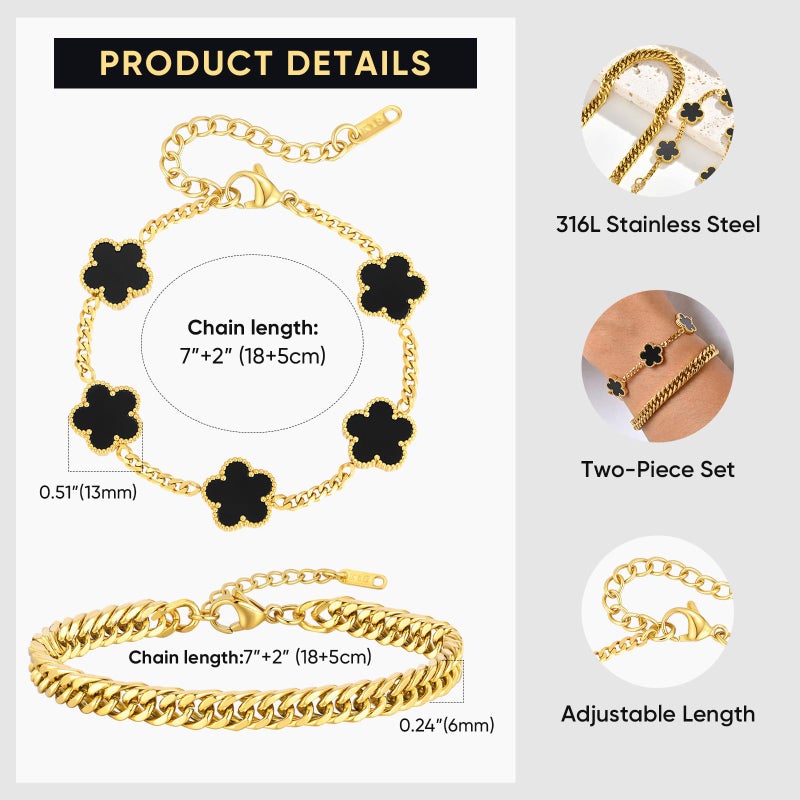 VNOX 2 PCS Floral Bracelets for Men Women -Womens Mens Stainless Steel Gold Cuban Chain Link Bracelet Lucky Charm Four Clover Flower Bracelets Trendy Jewelry Giftsï¼Œ2 - Image 3