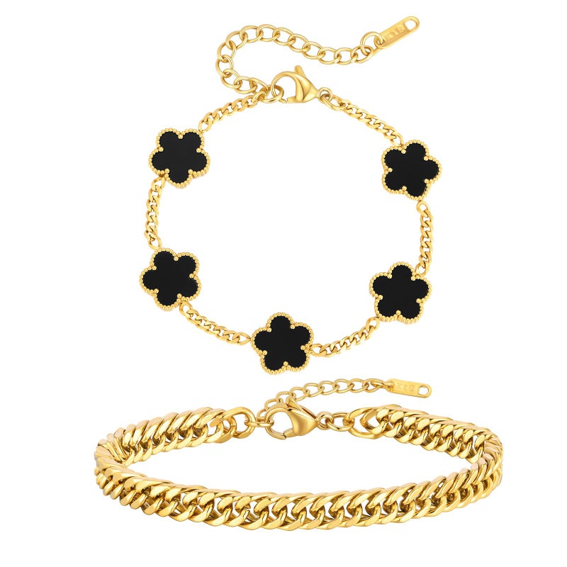 VNOX 2 PCS Floral Bracelets for Men Women -Womens Mens Stainless Steel Gold Cuban Chain Link Bracelet Lucky Charm Four Clover Flower Bracelets Trendy Jewelry Giftsï¼Œ2 - Image 1