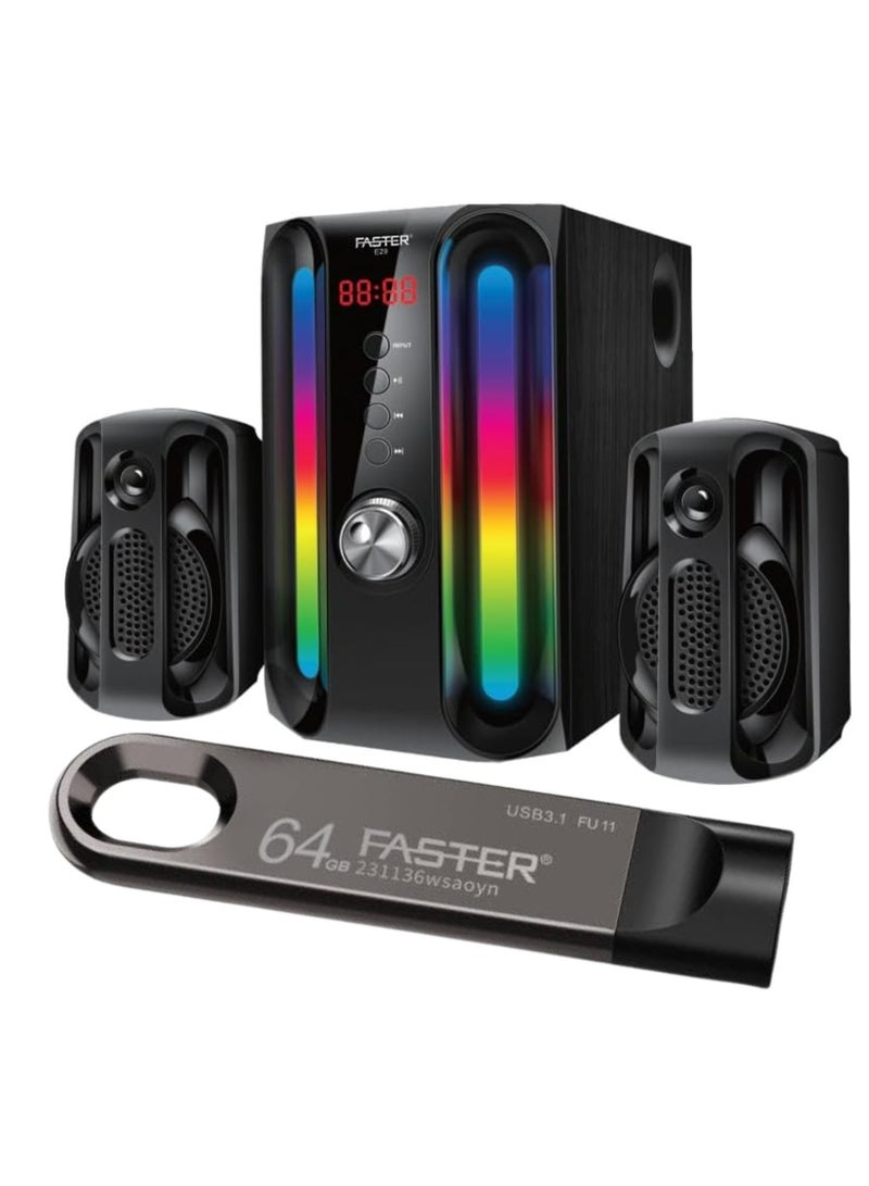 Faster E29 2.1 Wired Channel Speaker System 45W Subwoofer + 64GB USB 3.1 Flash Drive Bundle – RGB Lights, Bluetooth 5.4, Remote Control, USB/SD/AUX/FM – Deep Bass Home Theater & Super-Fast Metal Pendrive for TV, PC & Laptop - Image 1