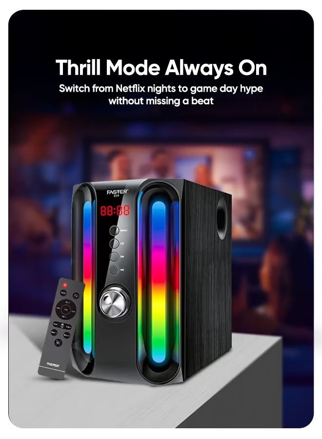 Faster E29 2.1 Wired Channel Speaker System 45W Subwoofer + 64GB USB 3.1 Flash Drive Bundle – RGB Lights, Bluetooth 5.4, Remote Control, USB/SD/AUX/FM – Deep Bass Home Theater & Super-Fast Metal Pendrive for TV, PC & Laptop - Image 5