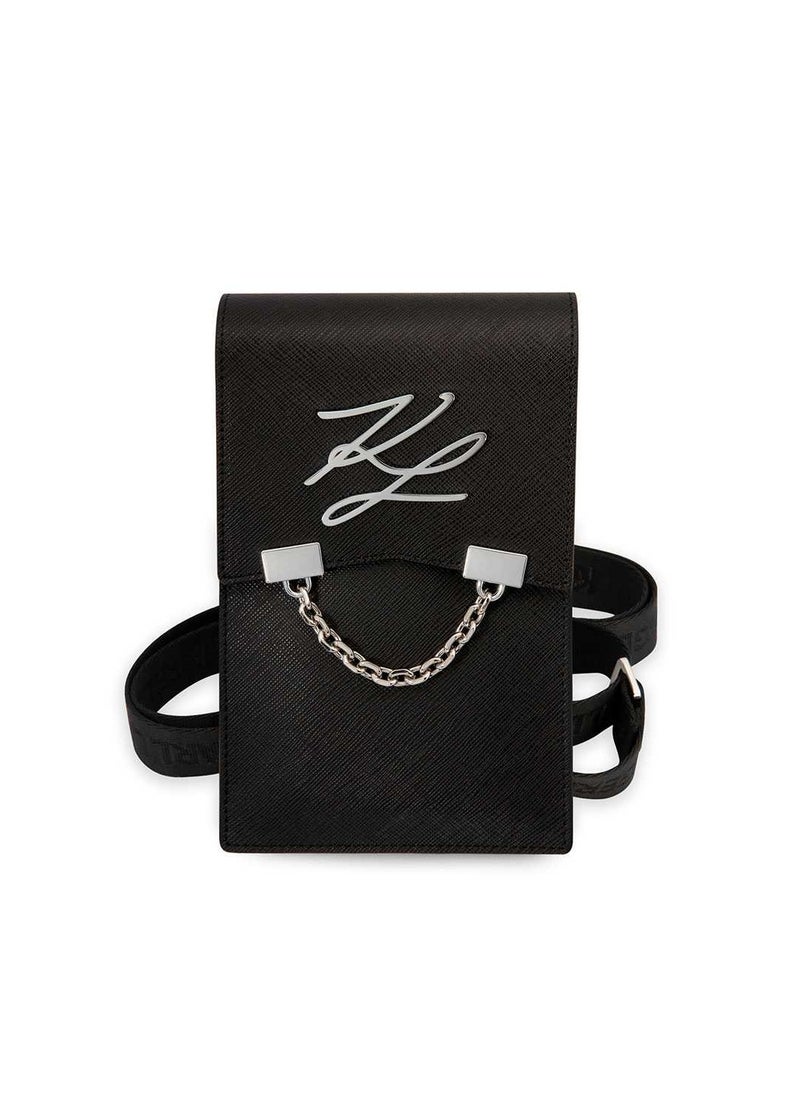 Karl Lagerfeld Autograph Chain Phone Pouch with Strap and Card Slots / Clean & Luxurious Design / ECO Leather Material / Phone / Document / Money or Key - Black  - Image 1