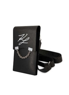 Karl Lagerfeld Autograph Chain Phone Pouch with Strap and Card Slots / Clean & Luxurious Design / ECO Leather Material / Phone / Document / Money or Key - Black  - Image 2