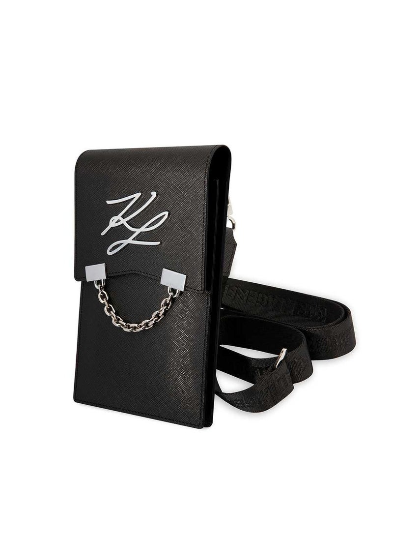 Karl Lagerfeld Autograph Chain Phone Pouch with Strap and Card Slots / Clean & Luxurious Design / ECO Leather Material / Phone / Document / Money or Key - Black  - Image 2