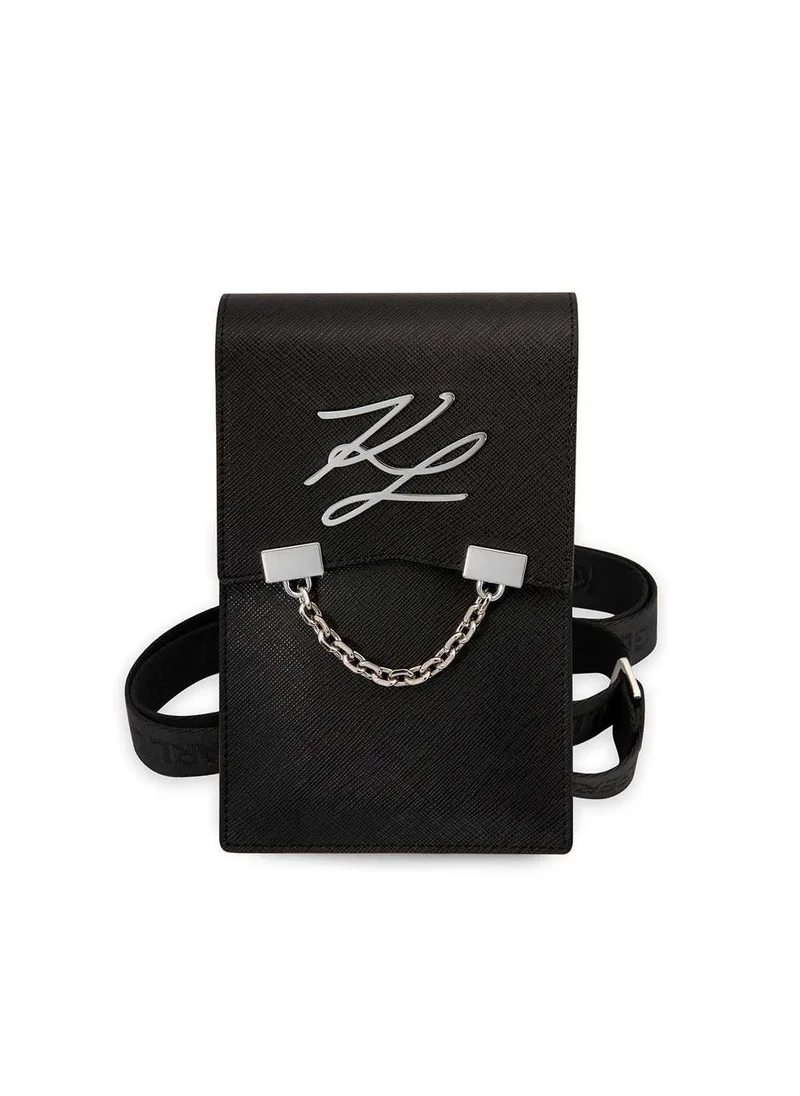 Karl Lagerfeld Autograph Chain Phone Pouch with Strap and Card Slots / Clean & Luxurious Design / ECO Leather Material / Phone / Document / Money or Key - Black