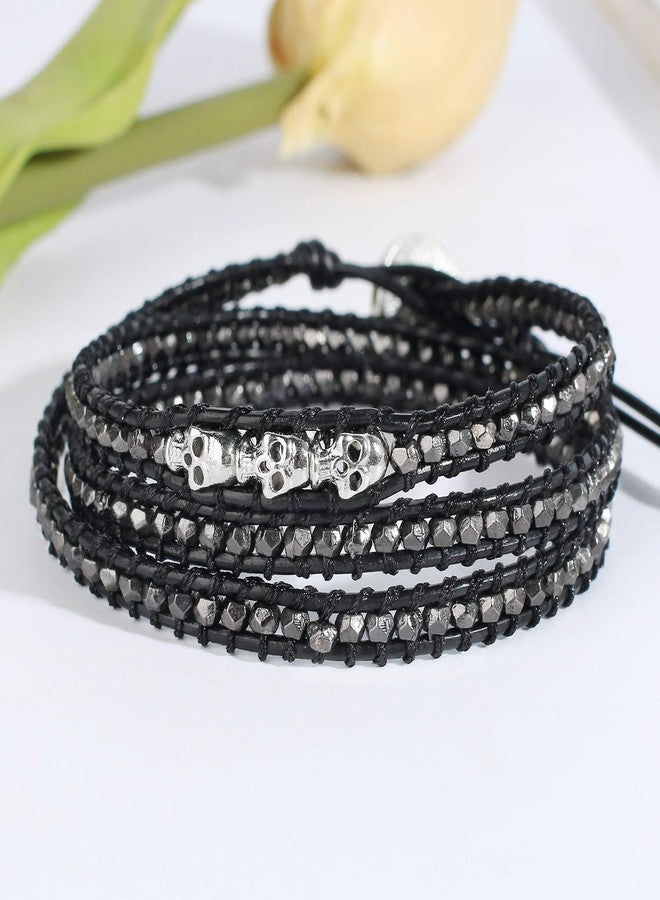 KELITCH Skull 3 Wrap Leather Bracelet Punk Beaded Bracelets Stackable Gothic Bangle Bracelets - Image 3